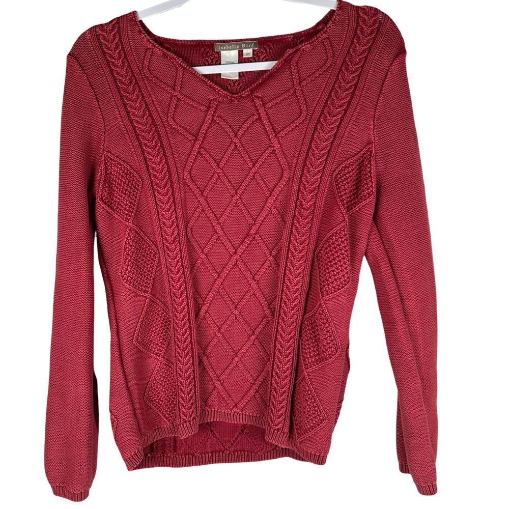 Isabella Bird Vintage Red Cable Knit 100% Cotton Notch Neck Sweater Size Medium